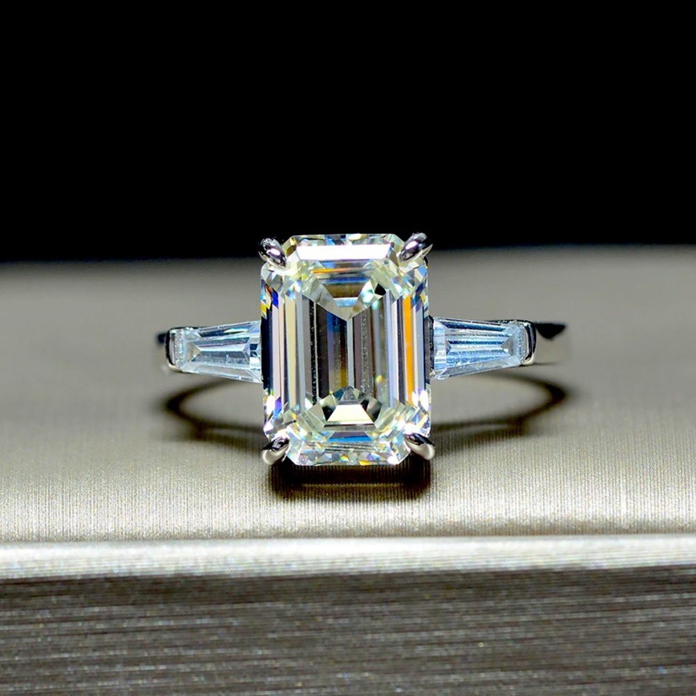 Emerald cut Swiss lab diamond sterling silver ring